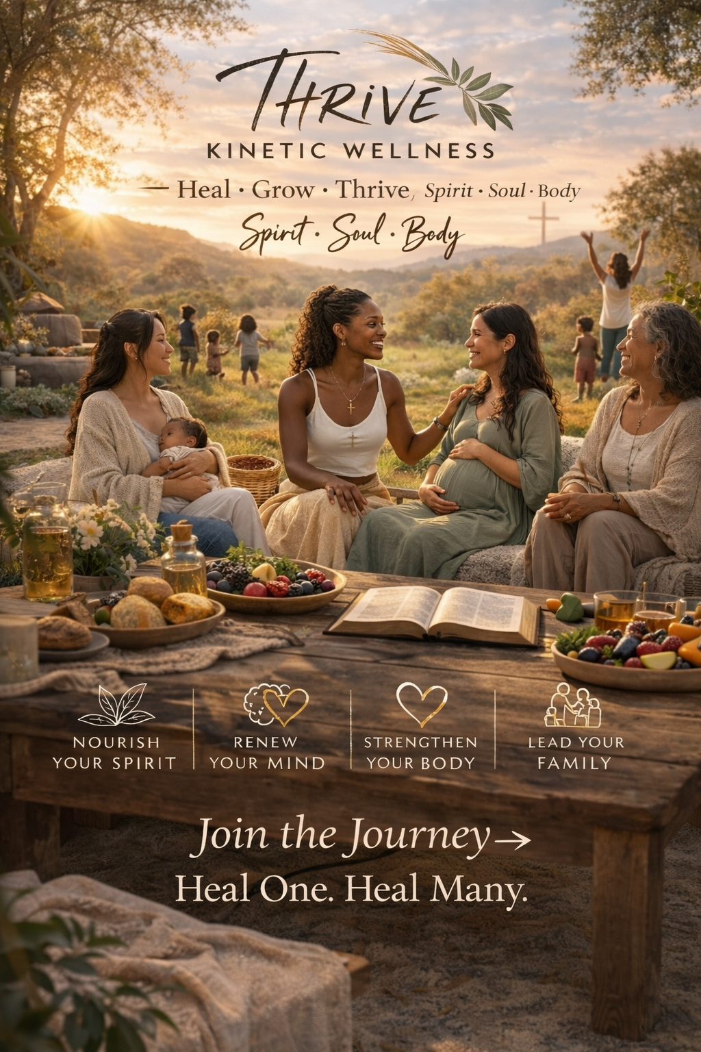 Heal, Grow, Thrive. Spirit. Soul. Body.  Nourish your spirit. Renew your Mind. Strengthen your body. Lead your family. Join the Journey. Heal one. Heal Many. 